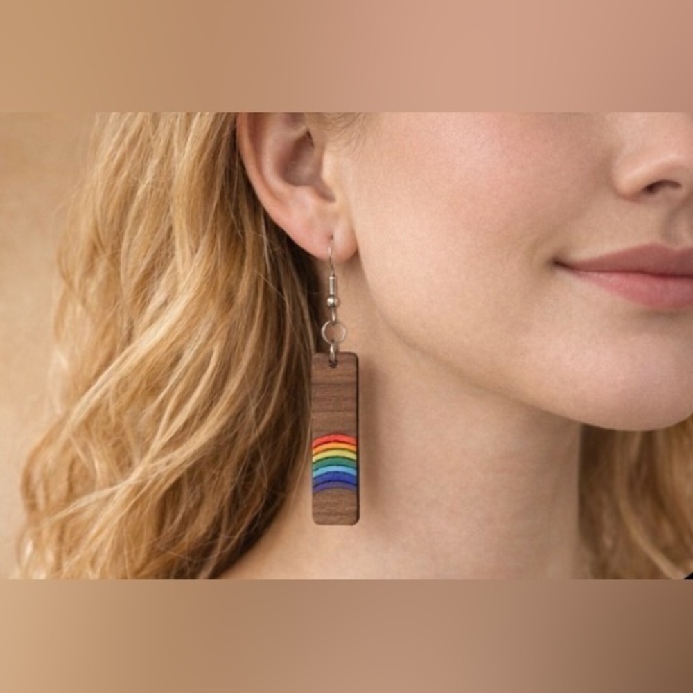 Handmade Wooden Rainbow Boho Dangle Earrings Hand Painted & Engraved Y2K Summer - Picture 3 of 9